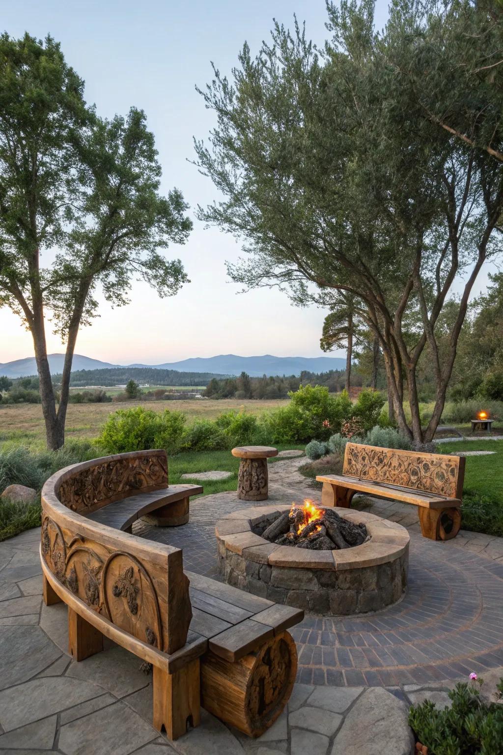 Artisan-crafted benches add a personalized touch to the fire pit setting.