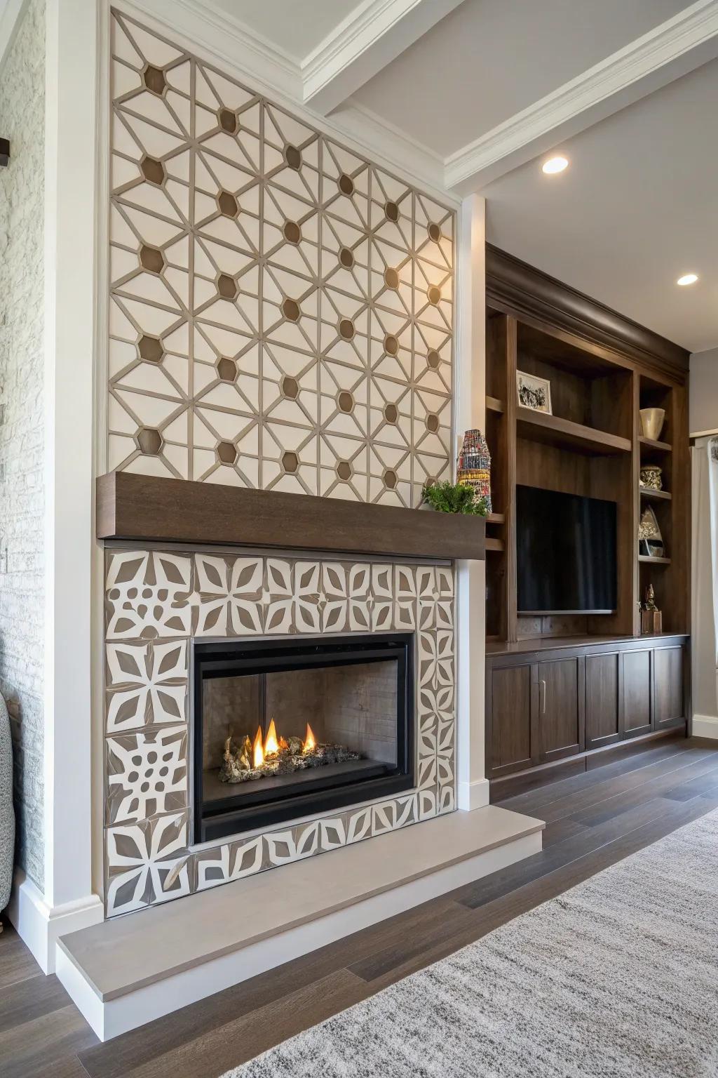 Geometric patterns add a modern twist to this fireplace.