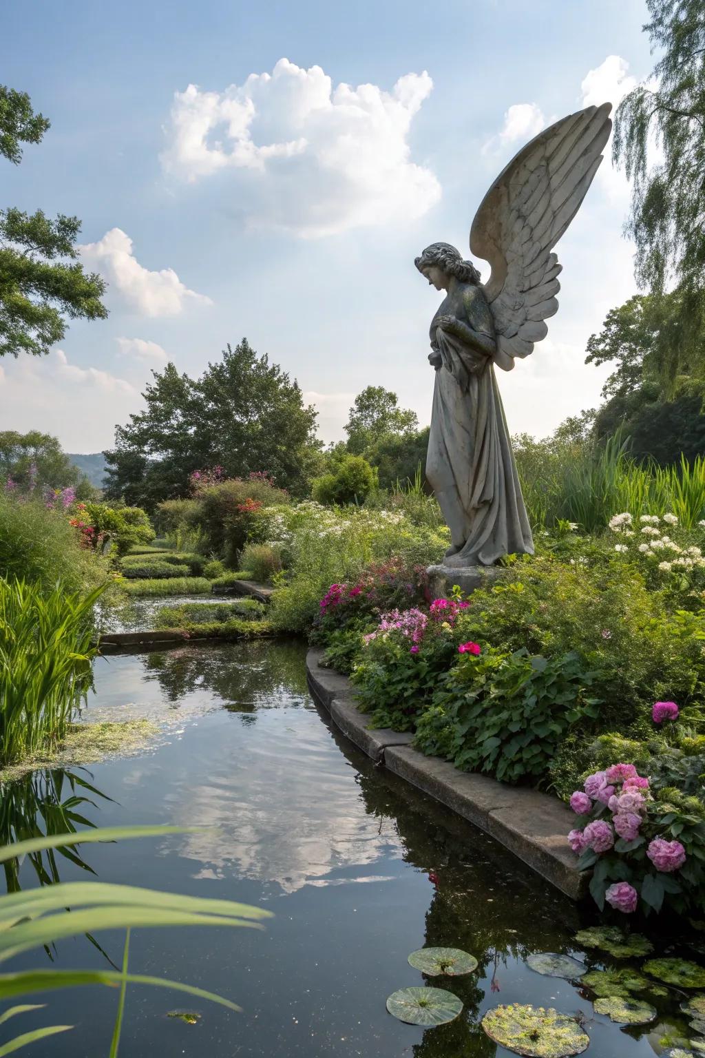 Ethereal floating angel on a serene pond.