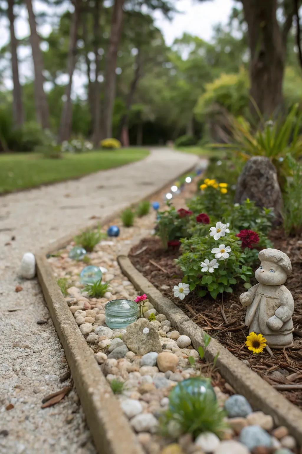 A whimsical gravel flower bed with playful elements