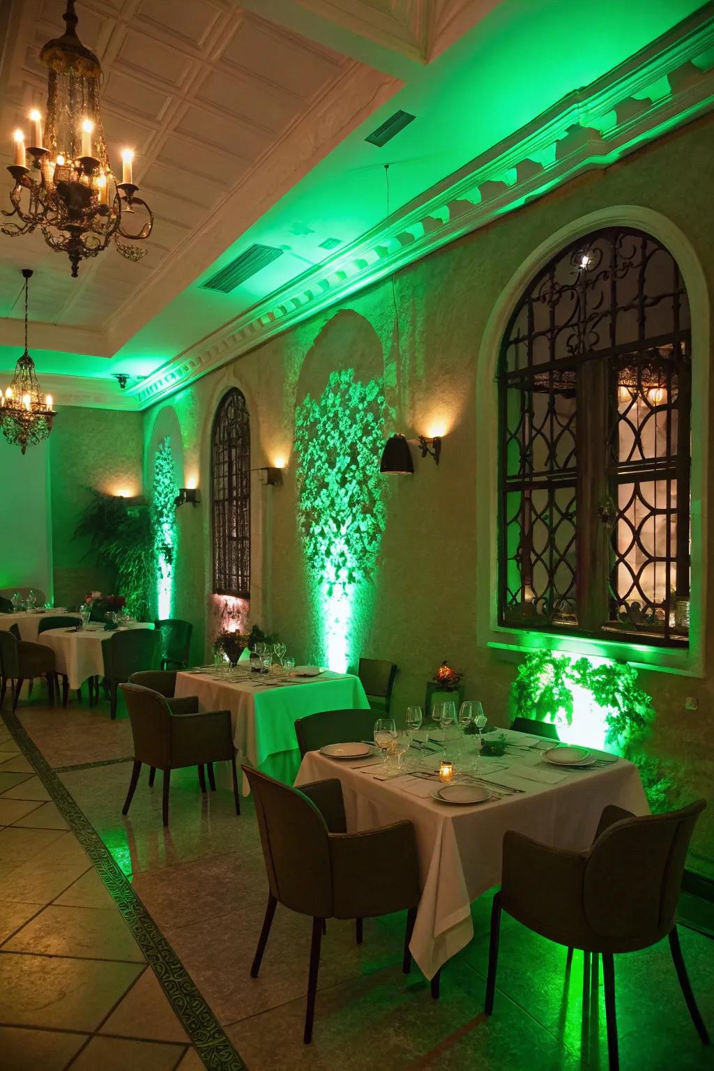 Green lighting casting a magical glow over the table.