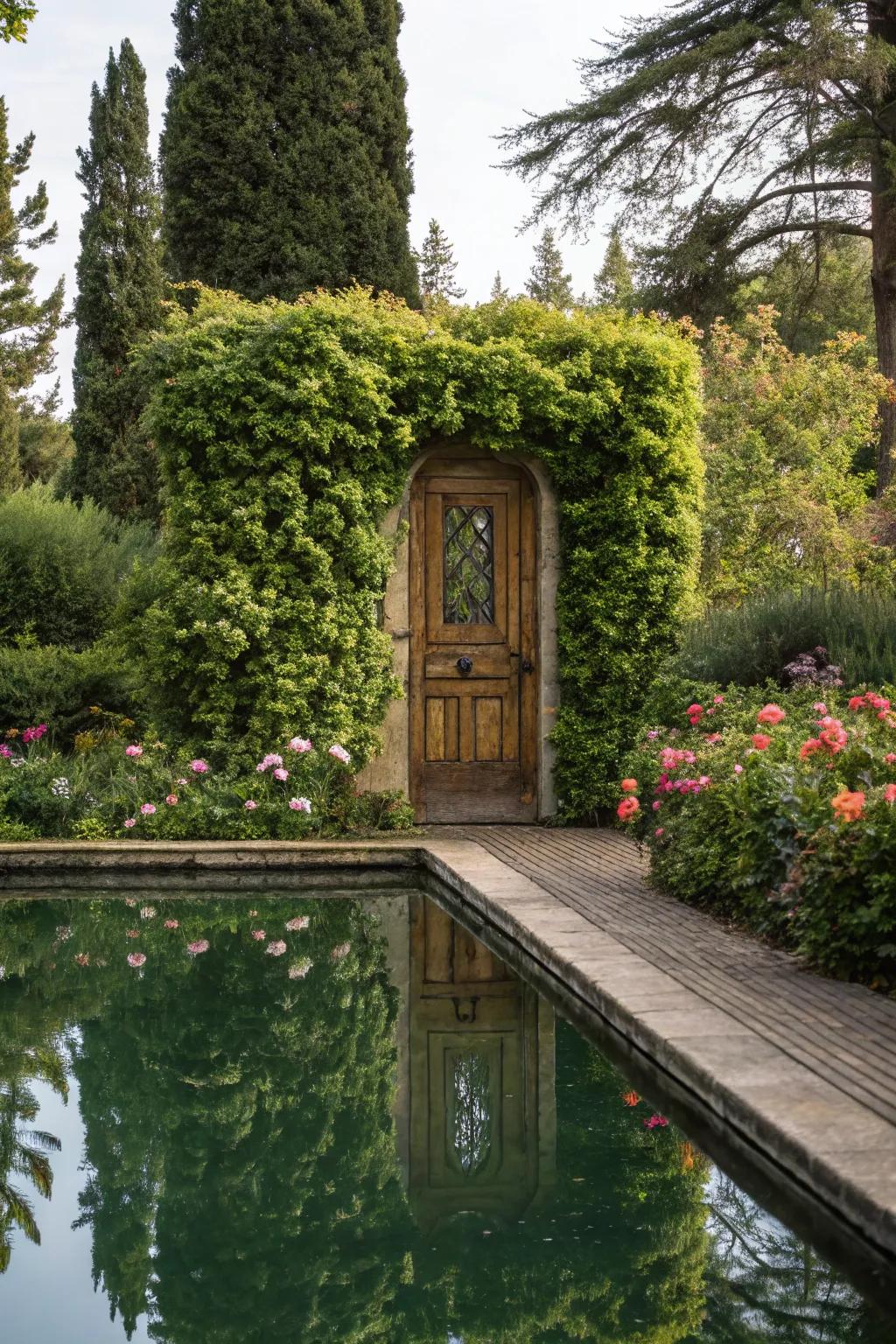 A reflective pool creates a mesmerizing hidden door illusion.