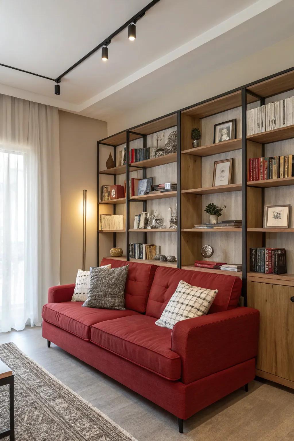 Stylish storage solutions frame your red couch, adding both functionality and aesthetic appeal.