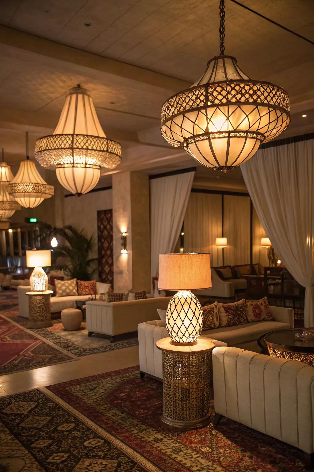 Creative light fixtures add character and illuminate the lounge beautifully.