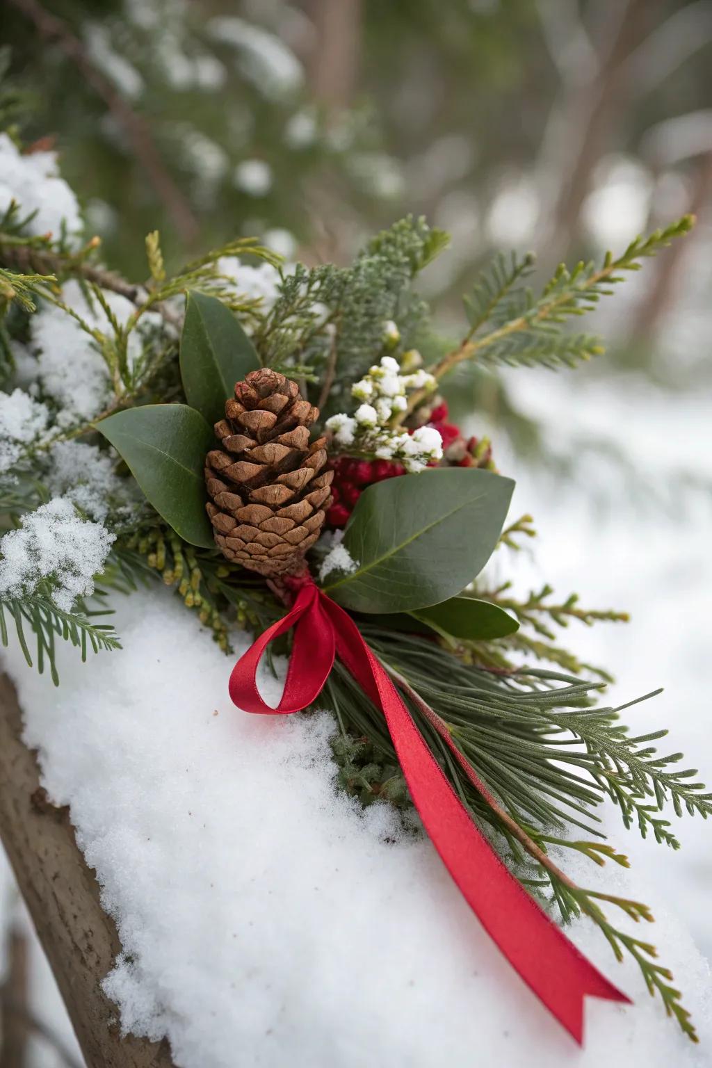 Pinecone and evergreen offer a cozy winter look.