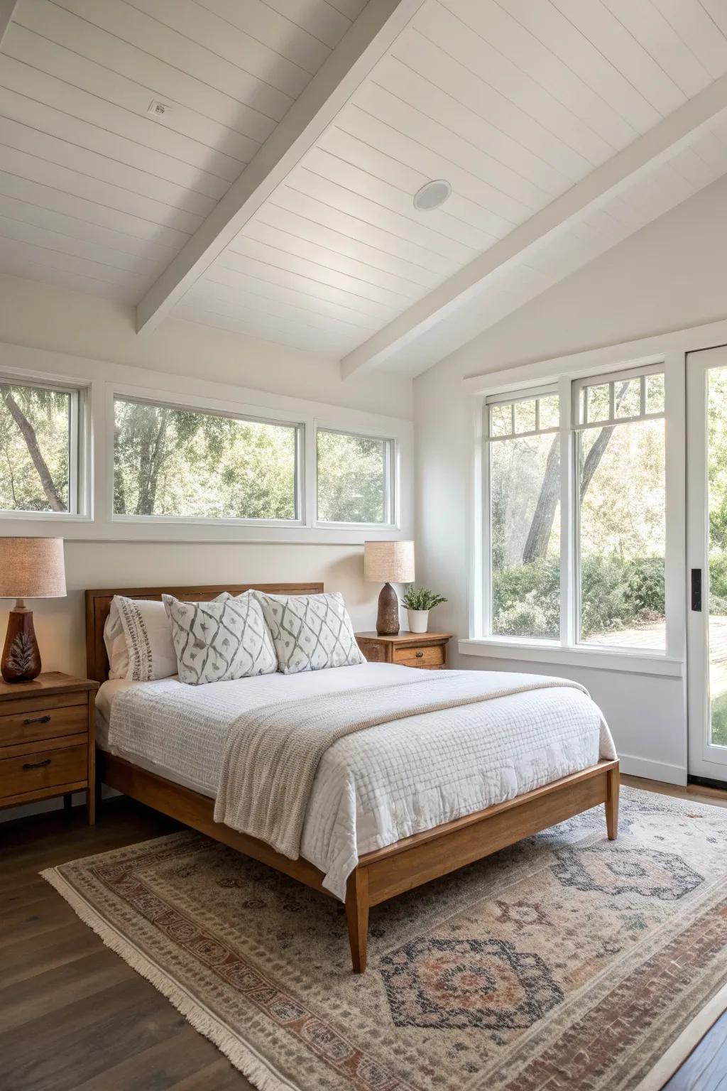 A serene mid-century modern bedroom designed for relaxation and rest.