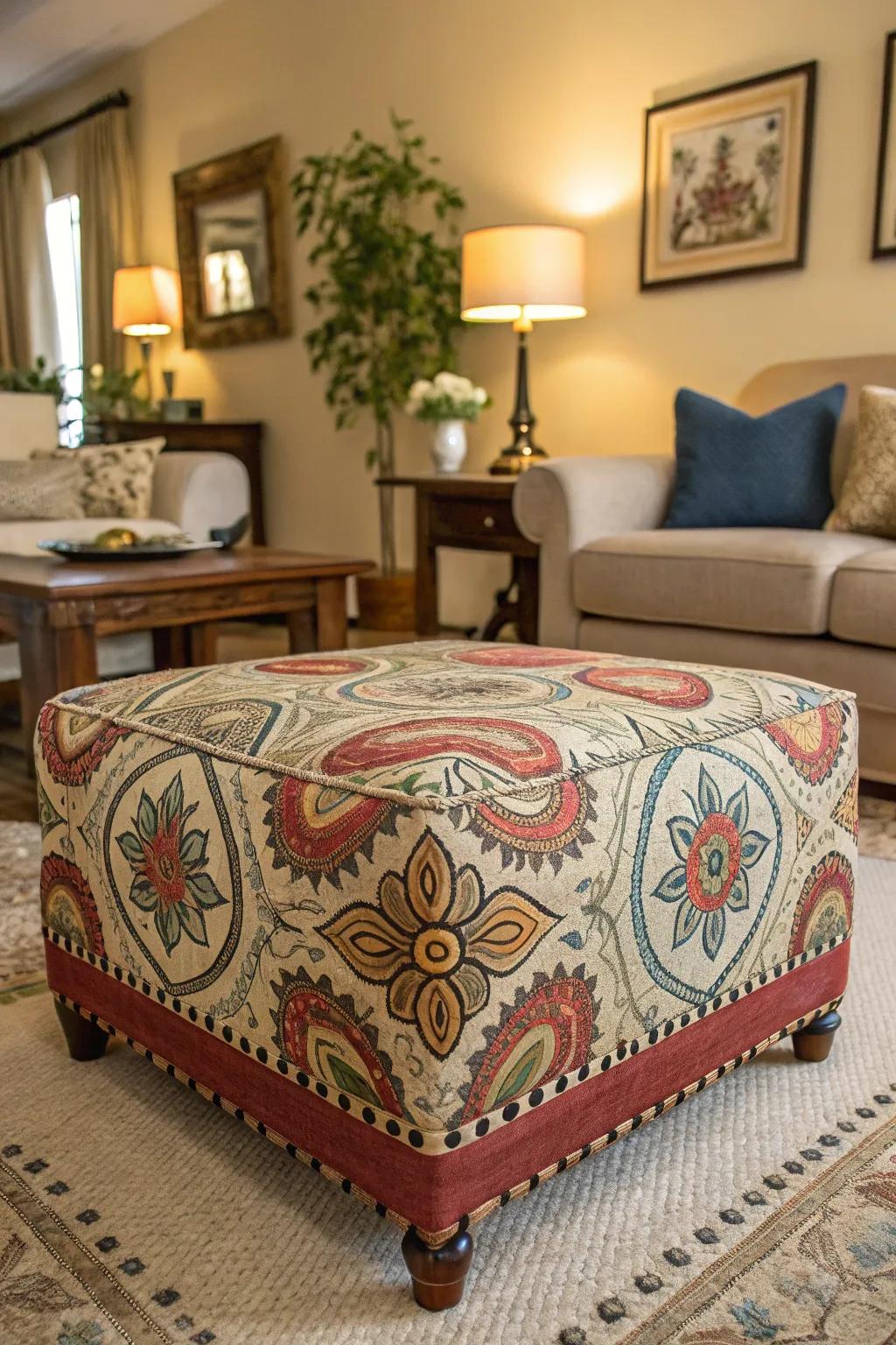 An ottoman with a unique artistic design serves as a bold statement piece.