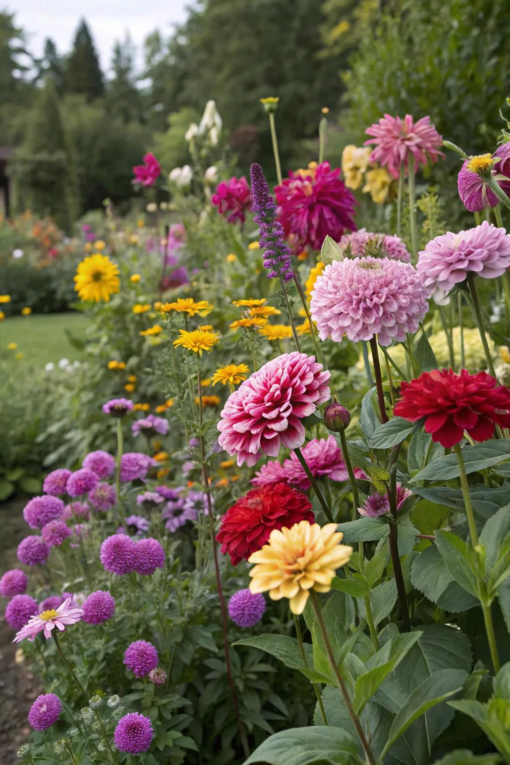 A visually striking eclectic mix of flowers in the garden.