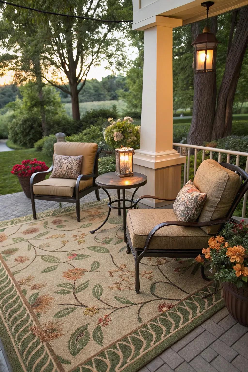 Bring indoor comfort outside with an outdoor carpet.