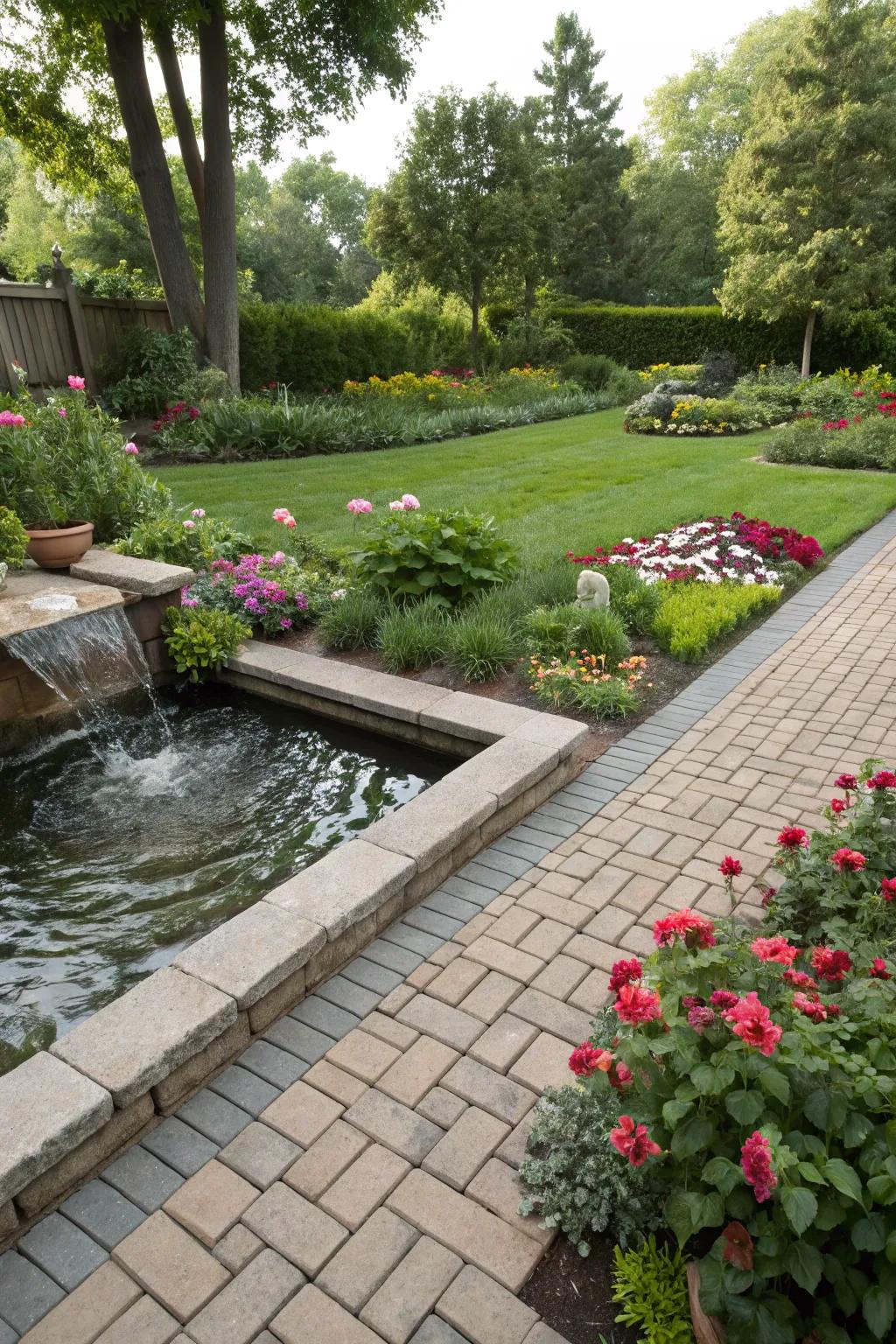 Water features add a calming element to garden designs.