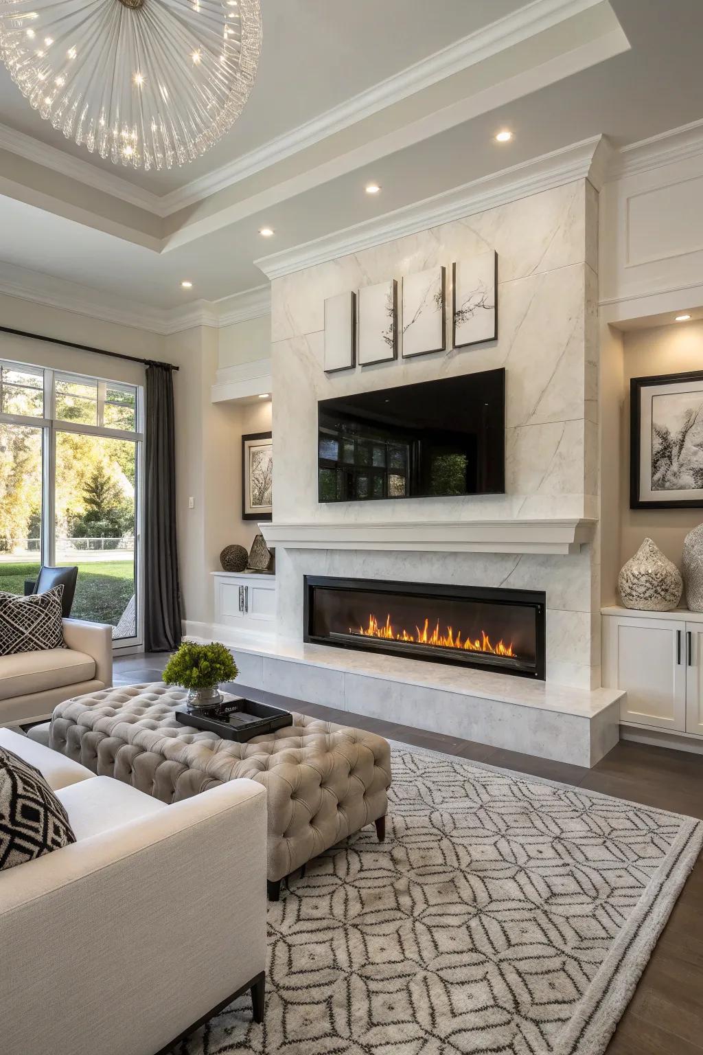 A modern living room featuring a smart propane fireplace.