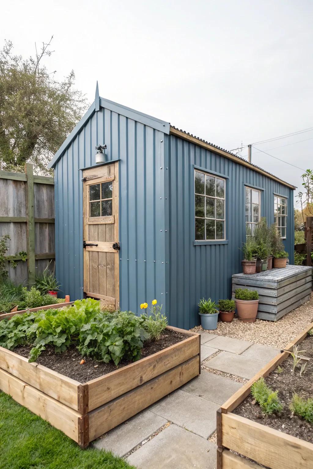 Steel blue sheds offer an industrial chic look with modern and rustic elements.