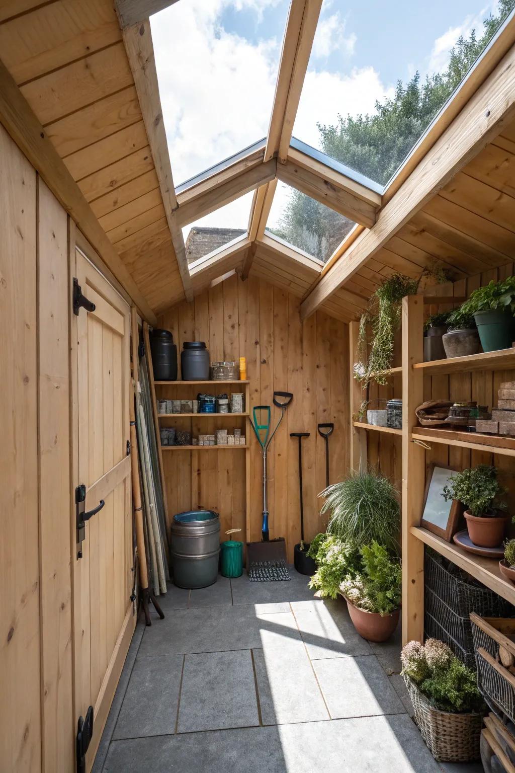 A garden shed with a skylight for abundant natural light.