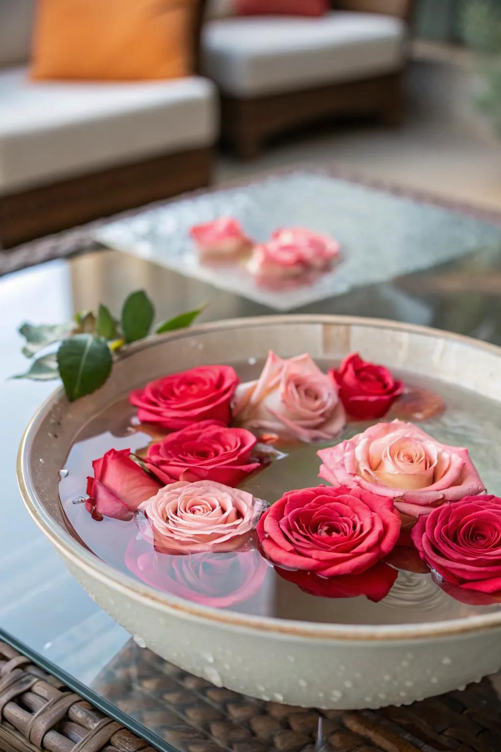 Floating rose heads for a serene centerpiece.