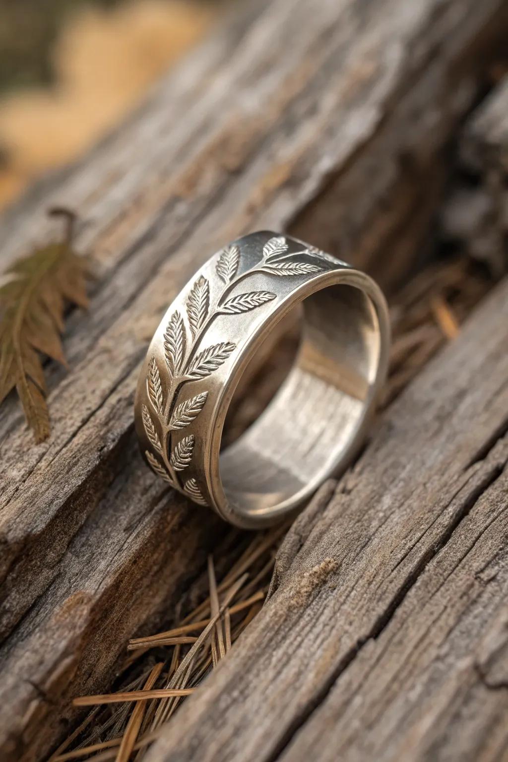 A nature-inspired band with delicate leaf motifs reflecting the beauty of the outdoors.