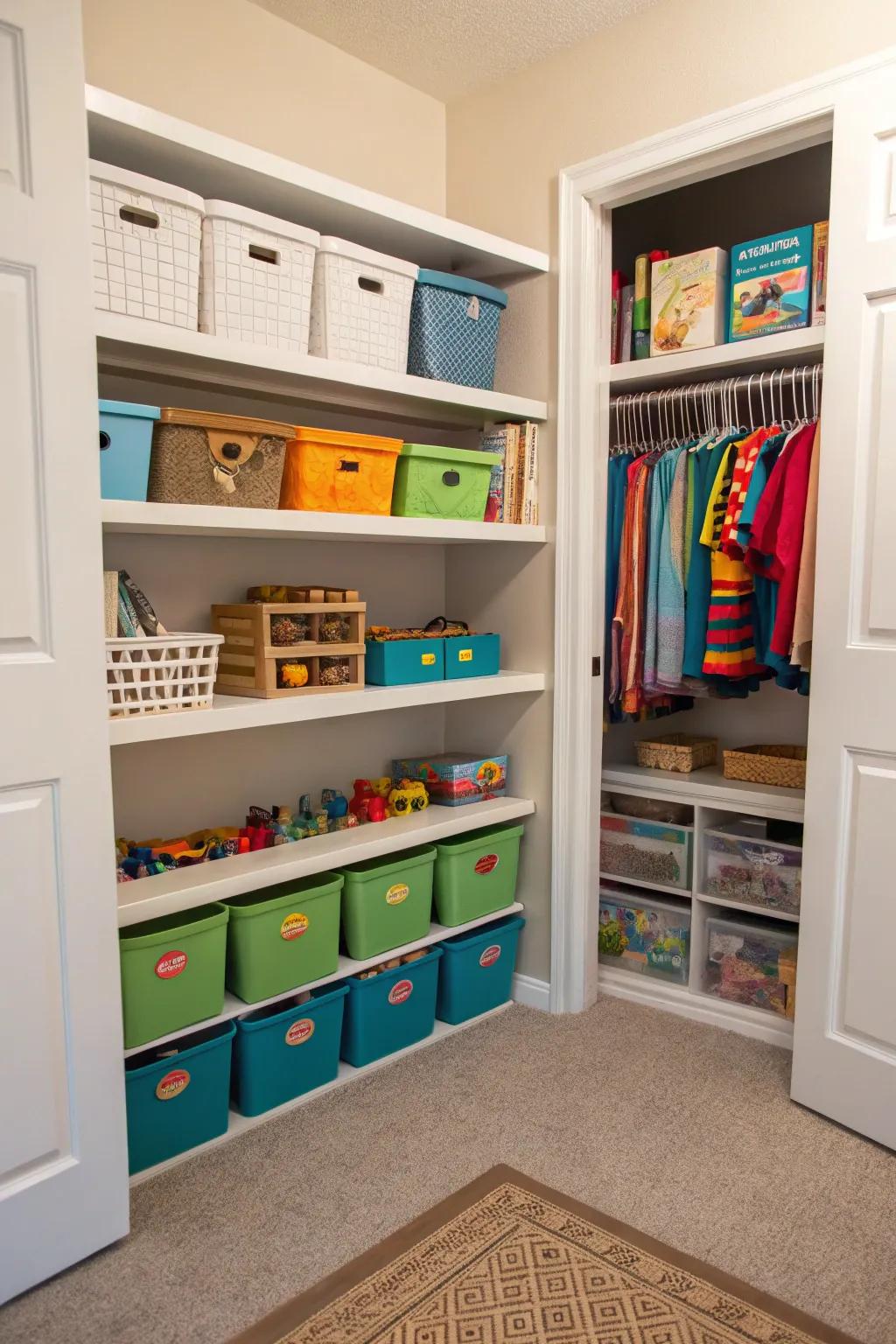 A closet transformed into a dedicated toy storage area.