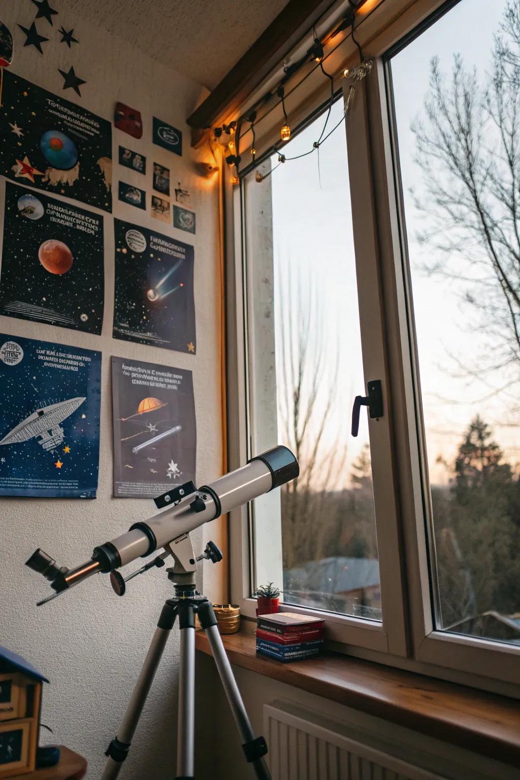 A telescope corner that invites you to explore the stars from home.