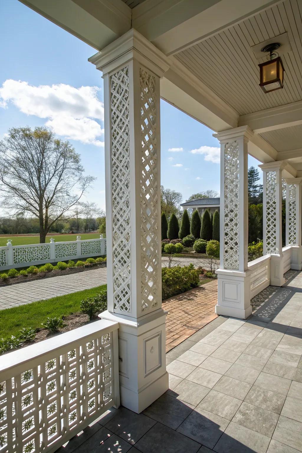 Lattice designs on square columns add intricate elegance.