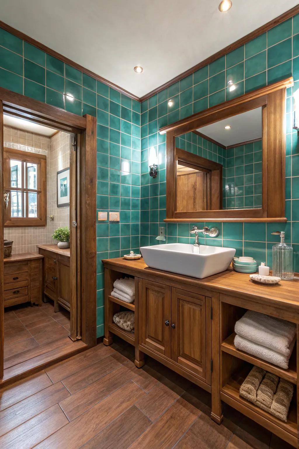 Teal tiles and wood tones combine for a rustic yet contemporary feel.