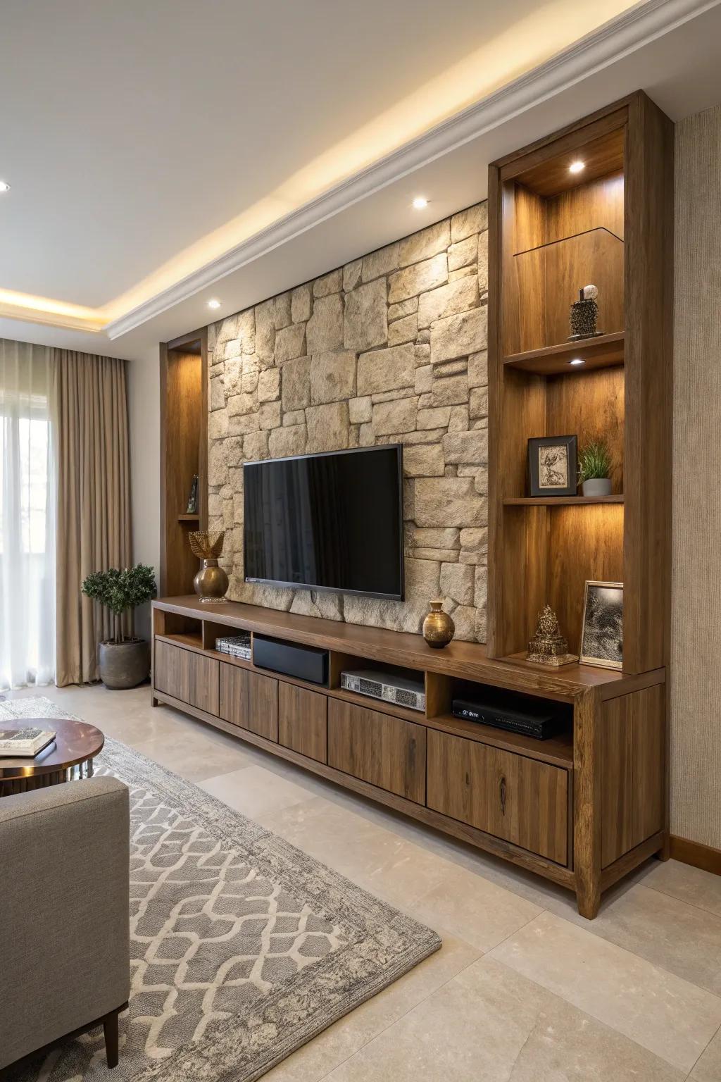 Wood and stone fusion creates a balanced, elegant atmosphere.