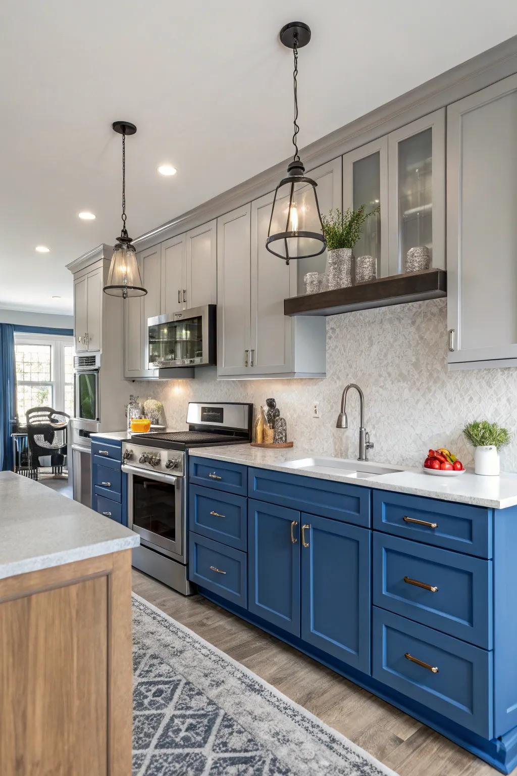 A bold blue and gray kitchen for a contemporary flair.