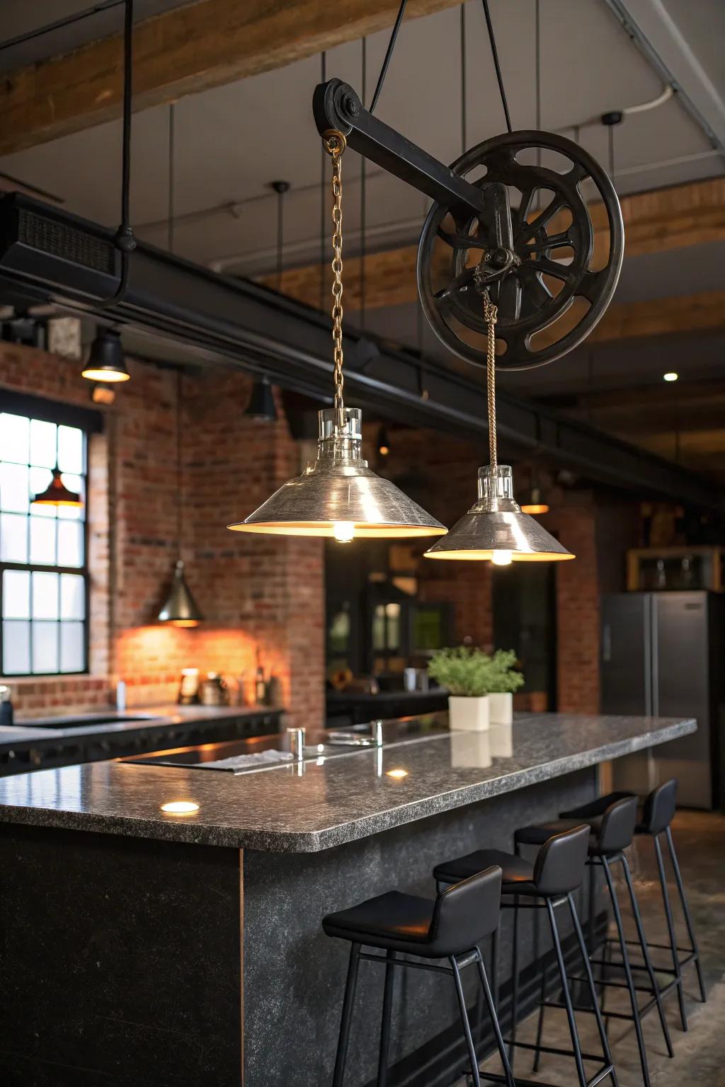 Industrial edge with a pulley pendant lamp.