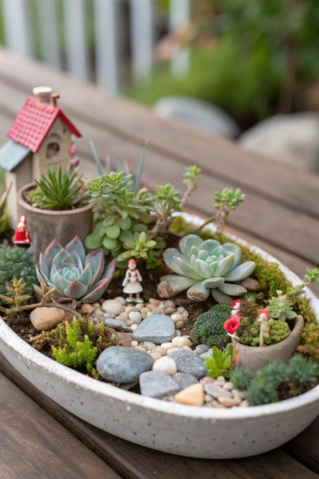 A whimsical miniature garden crafted with succulents and tiny figurines.