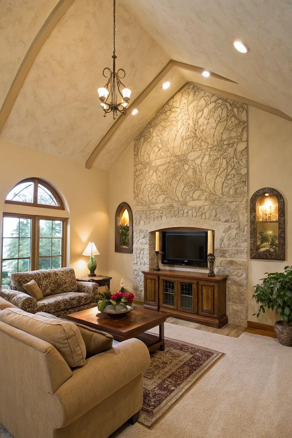 Living room with vaulted ceiling and stucco textured accent wall