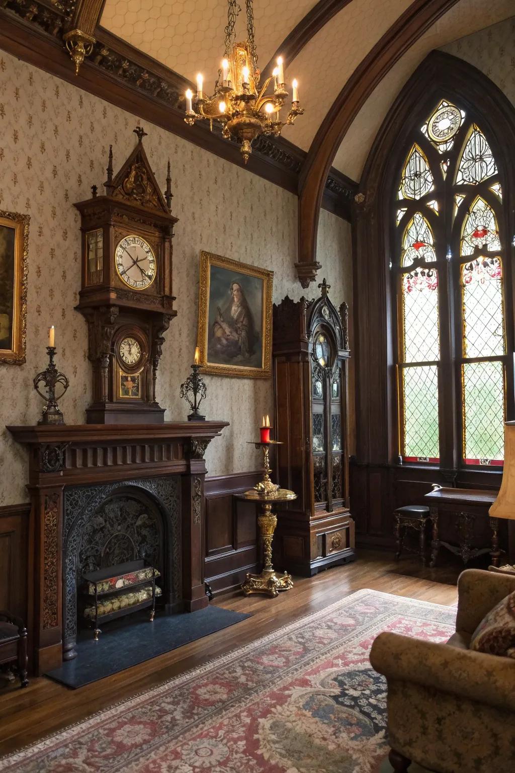 Vintage decor accents add old-world charm.