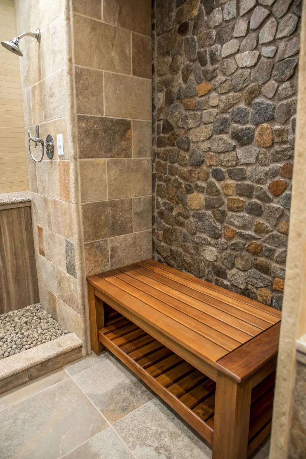 A stone and wood fusion bench adds warmth and character to the walk-in shower.