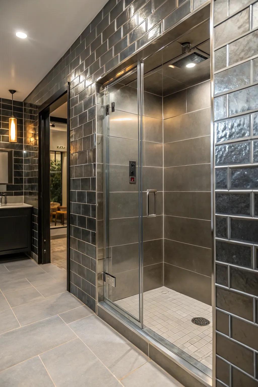 Metallic tiles add modern luxury and shine to your shower.