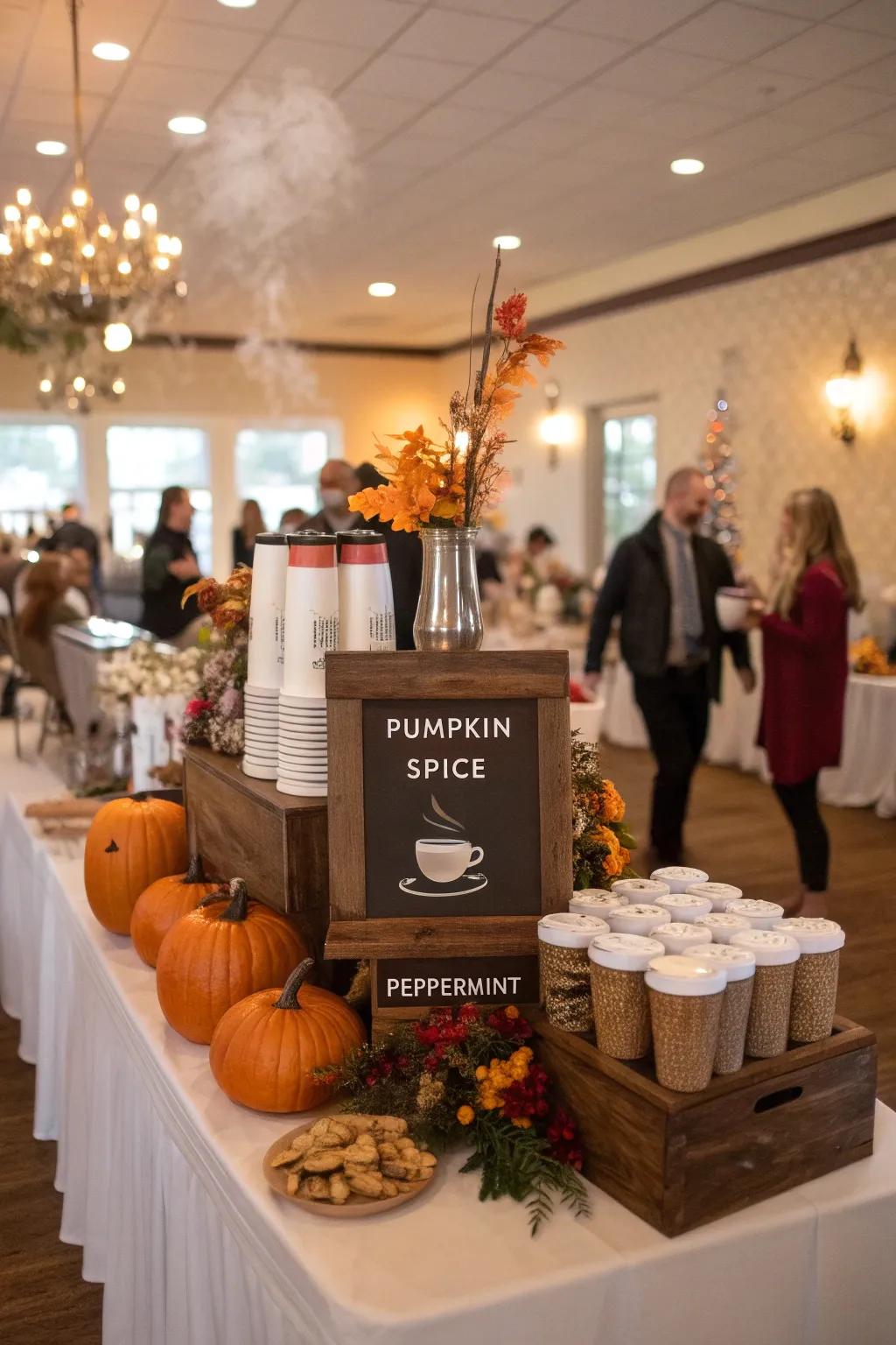 Seasonal coffee flavors at a wedding coffee bar.