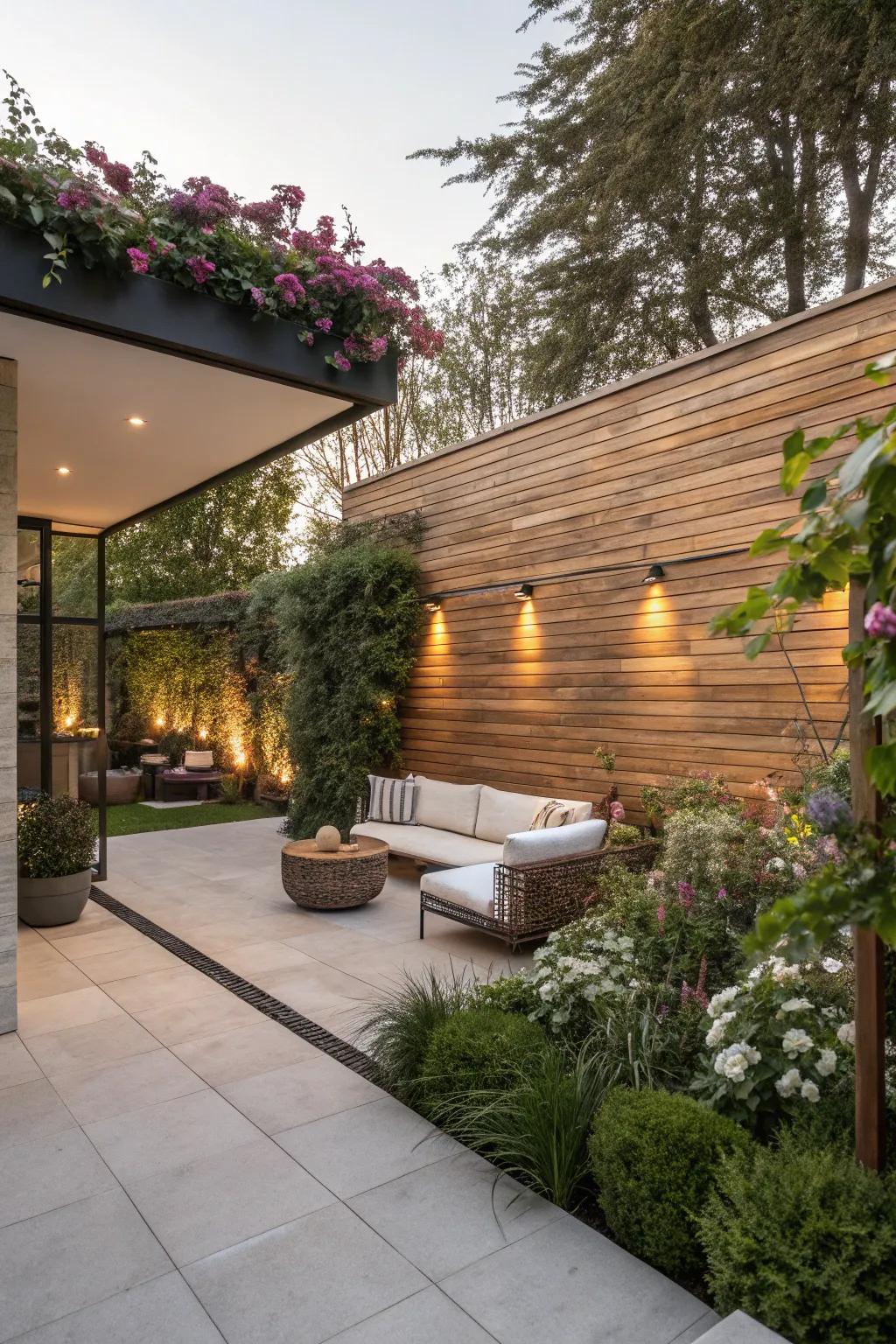 An outdoor patio enhanced by a sophisticated wood accent wall.