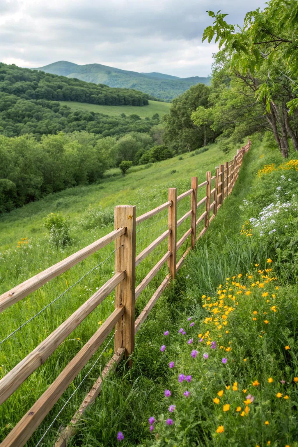 An eco-friendly fence with sustainable materials in a lush setting.