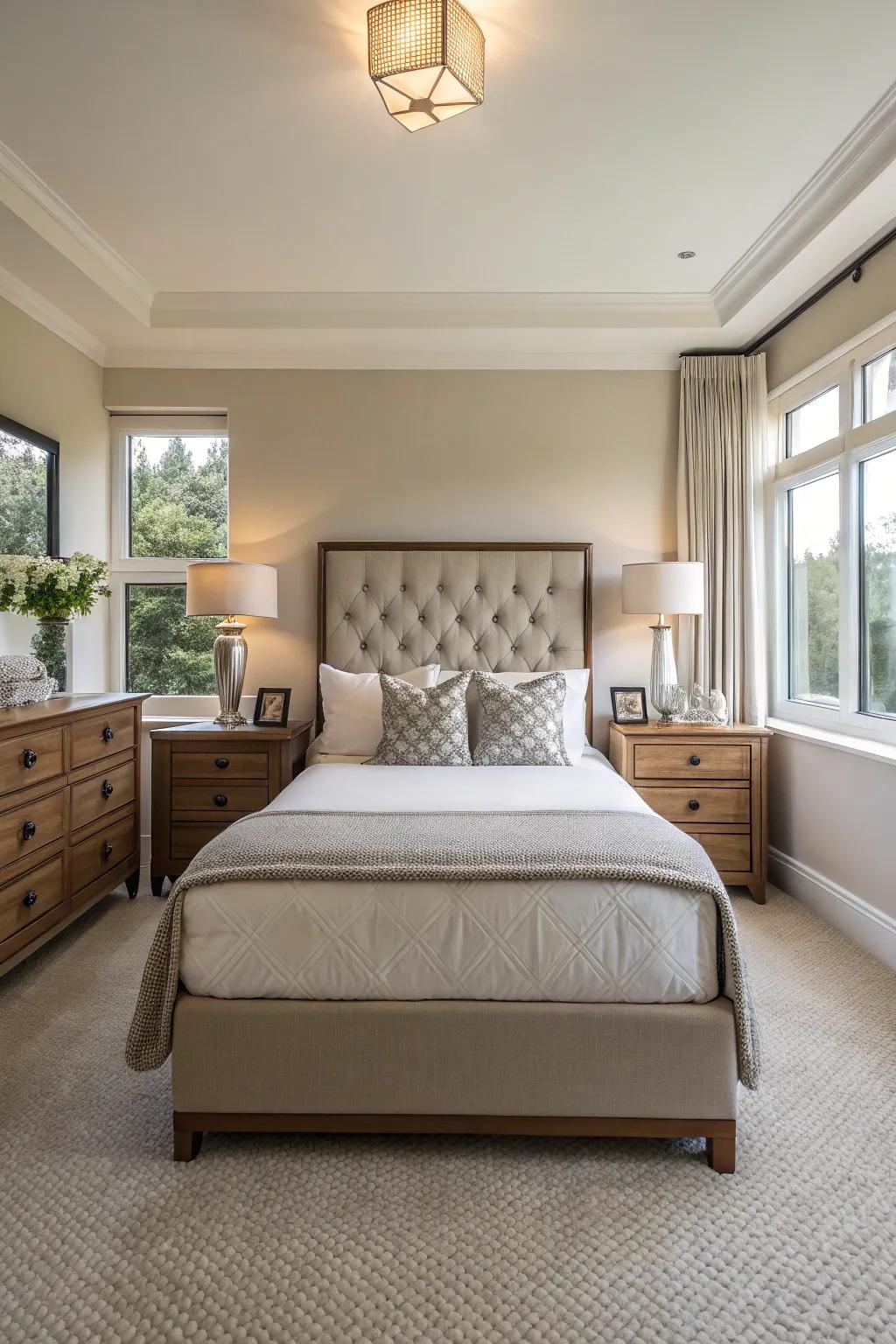 Symmetrical design brings balance and order to this bedroom.