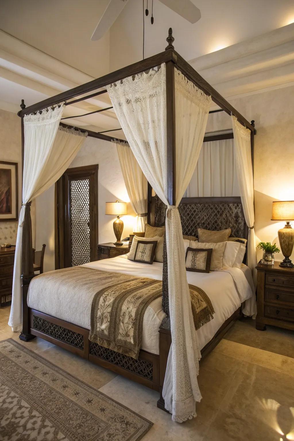 A canopy bed adds drama and elegance to this stylish bedroom.