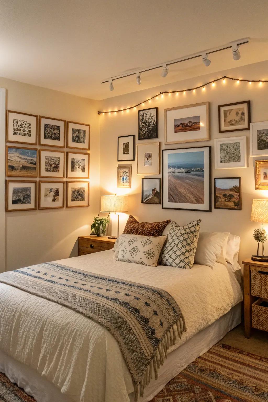 A gallery wall adds personal flair and storytelling to this bedroom.