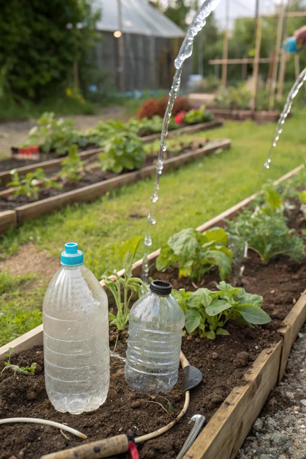 A simple self-watering system using recycled plastic bottles.