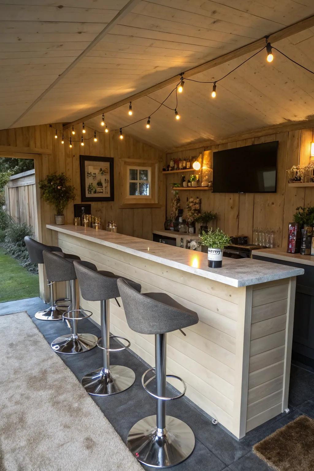 A chic entertainment bar setup inside your shed for stylish gatherings.