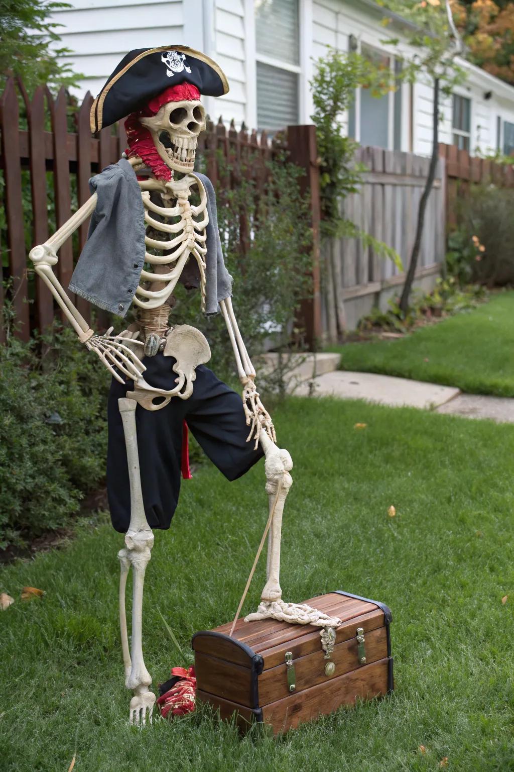 A pirate-themed skeleton ready to sail the Halloween seas.