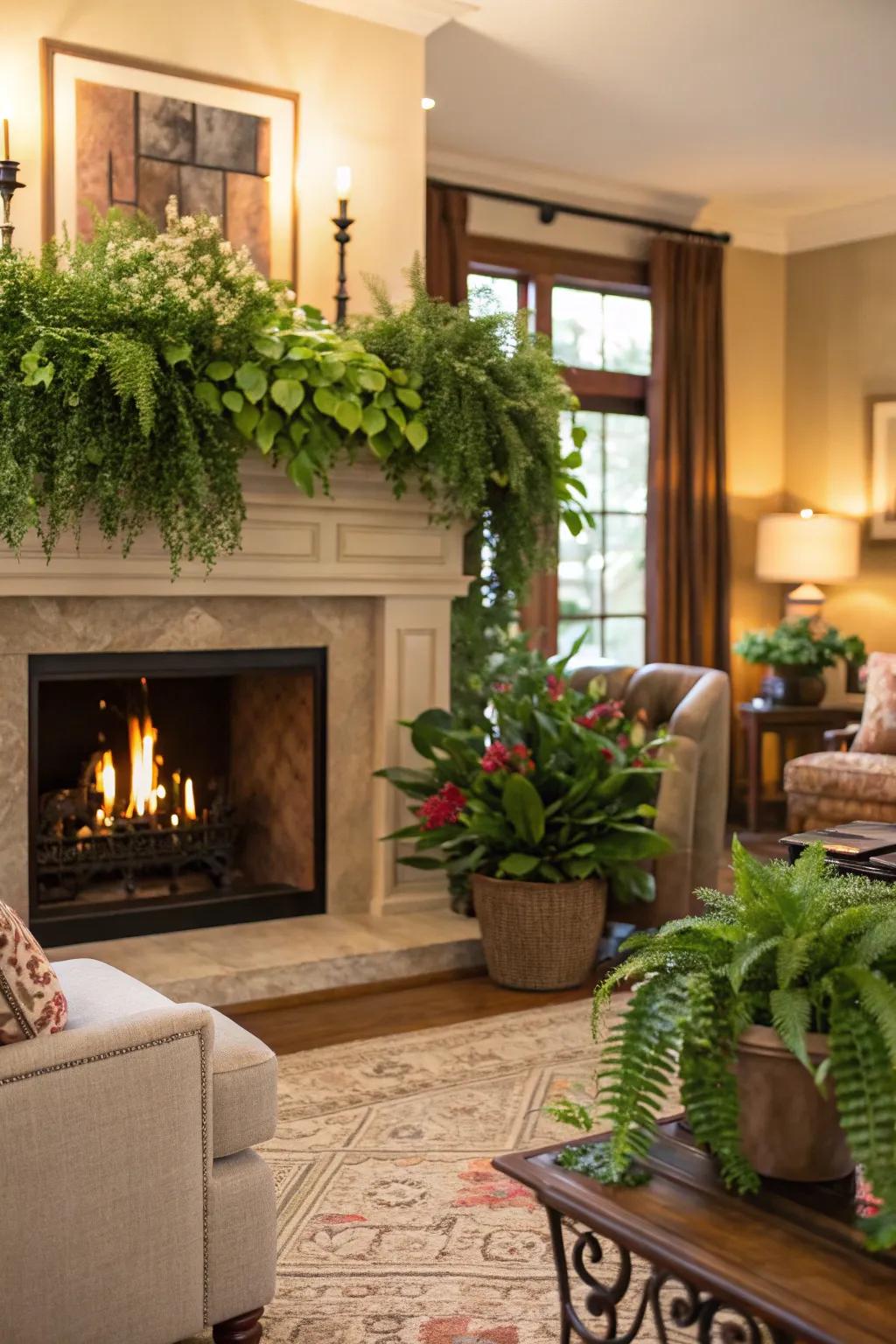 Lush greenery adds a touch of nature and freshness above the fireplace.