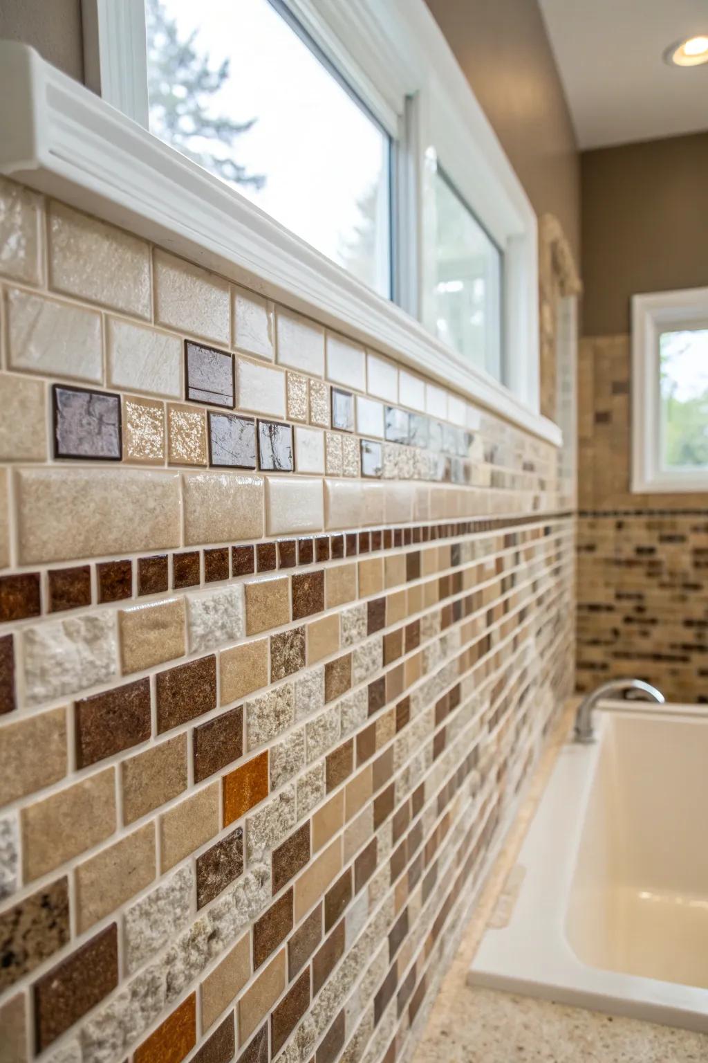 Mixing materials like ceramic and glass brings texture to your bathroom.