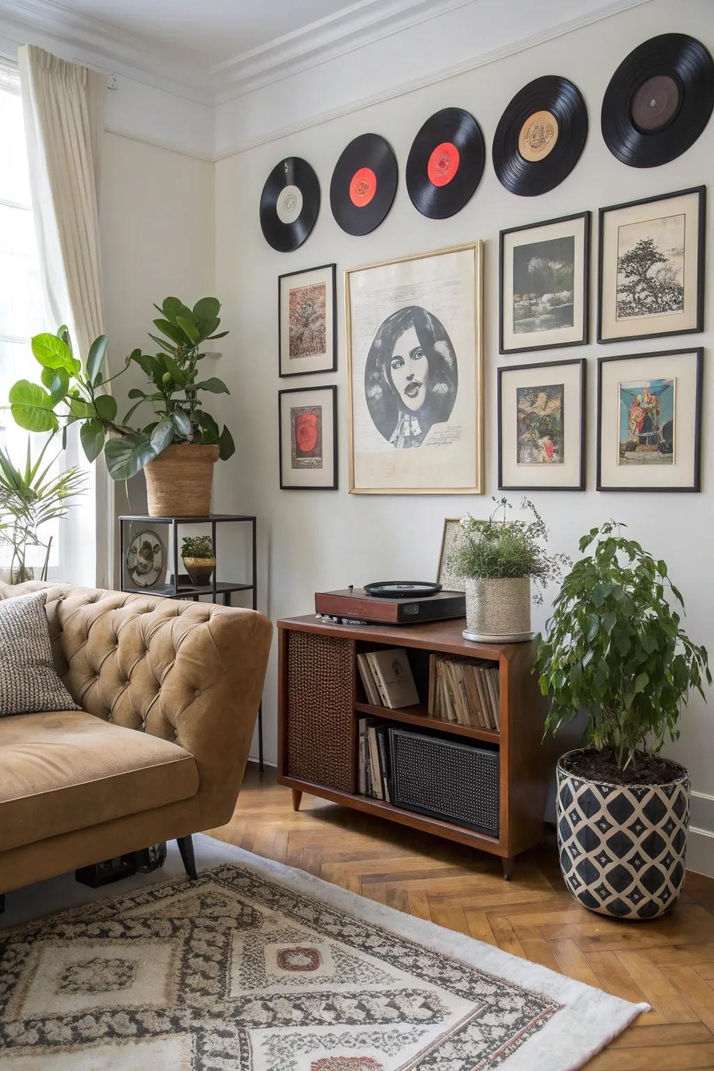 Vinyl records displayed decoratively with art and plants for a personal touch.