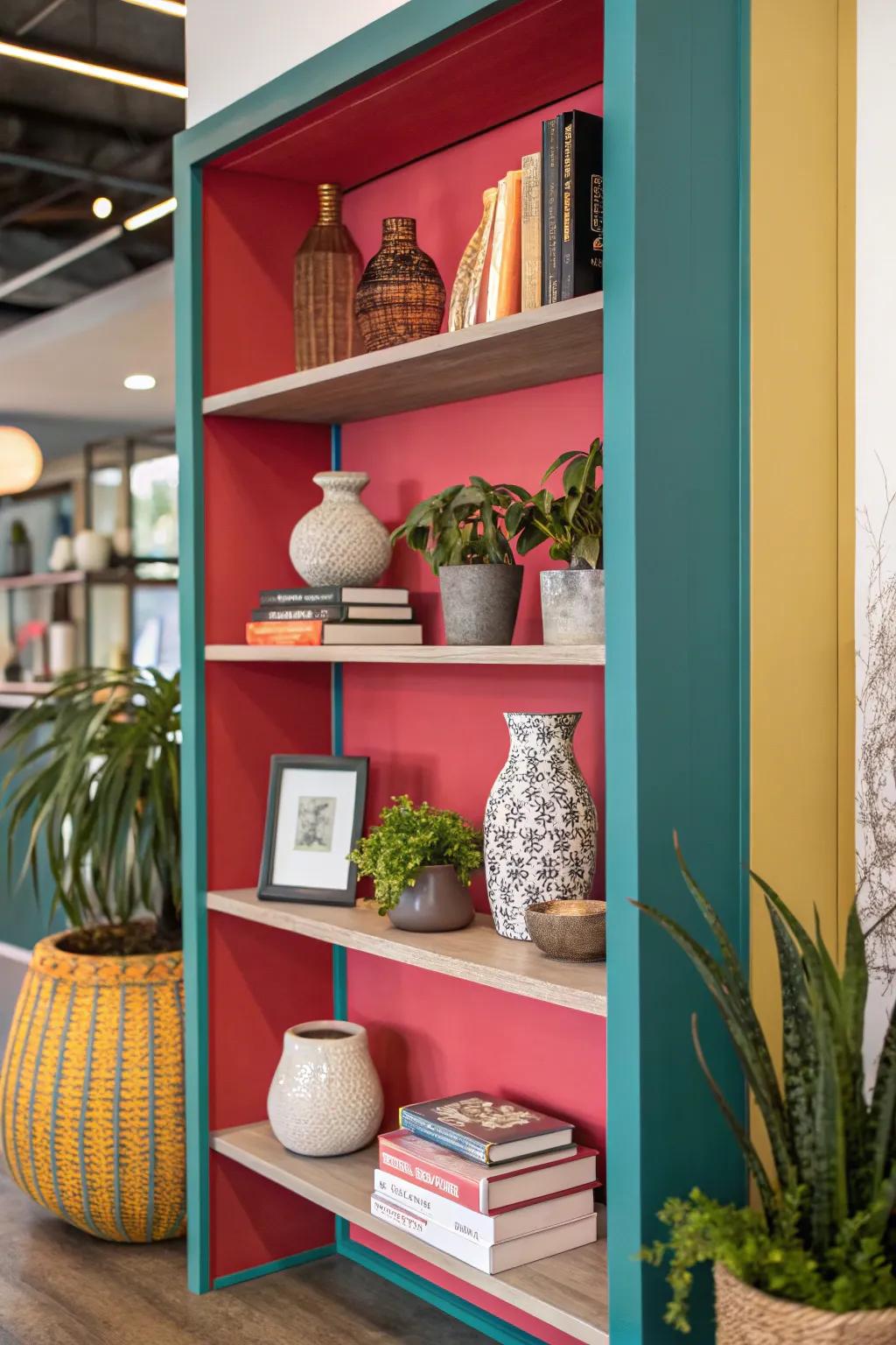 Add a pop of color to your alcove shelves for extra flair.