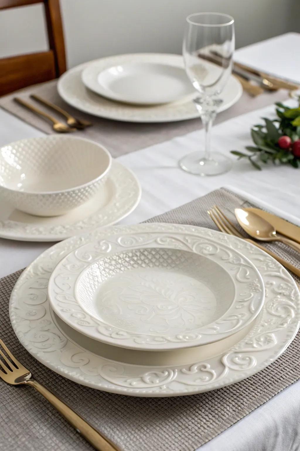 Sophisticated white dinnerware accentuates the dining experience.