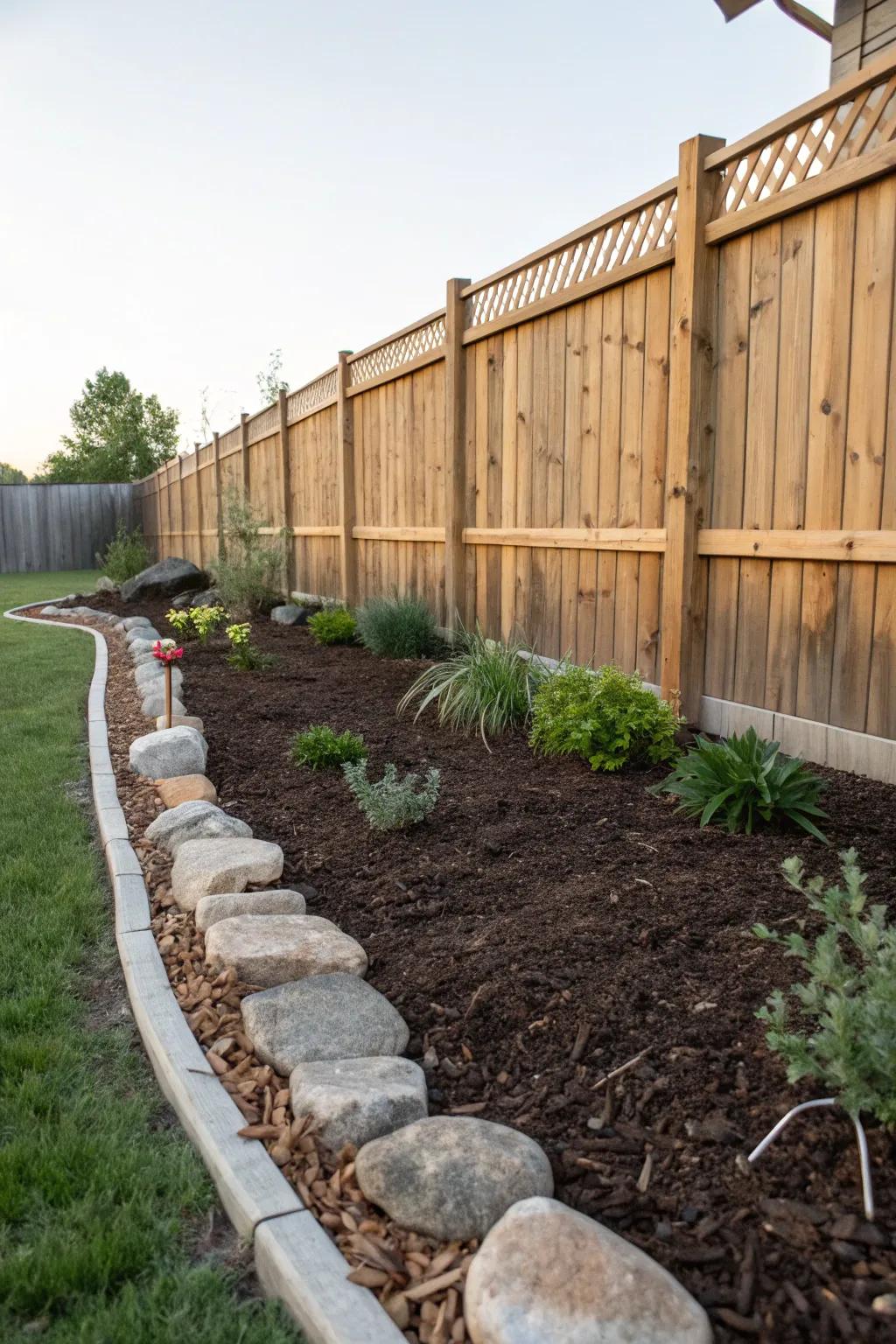 Mulch and borders define the garden space elegantly.