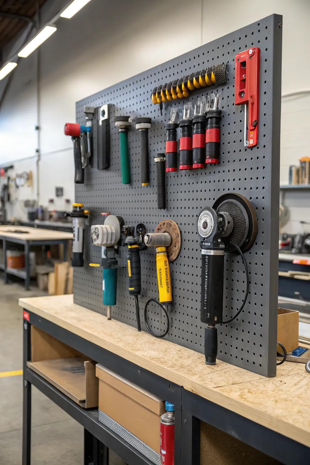 Pegboard storage with custom hooks for versatile angle grinder organization.