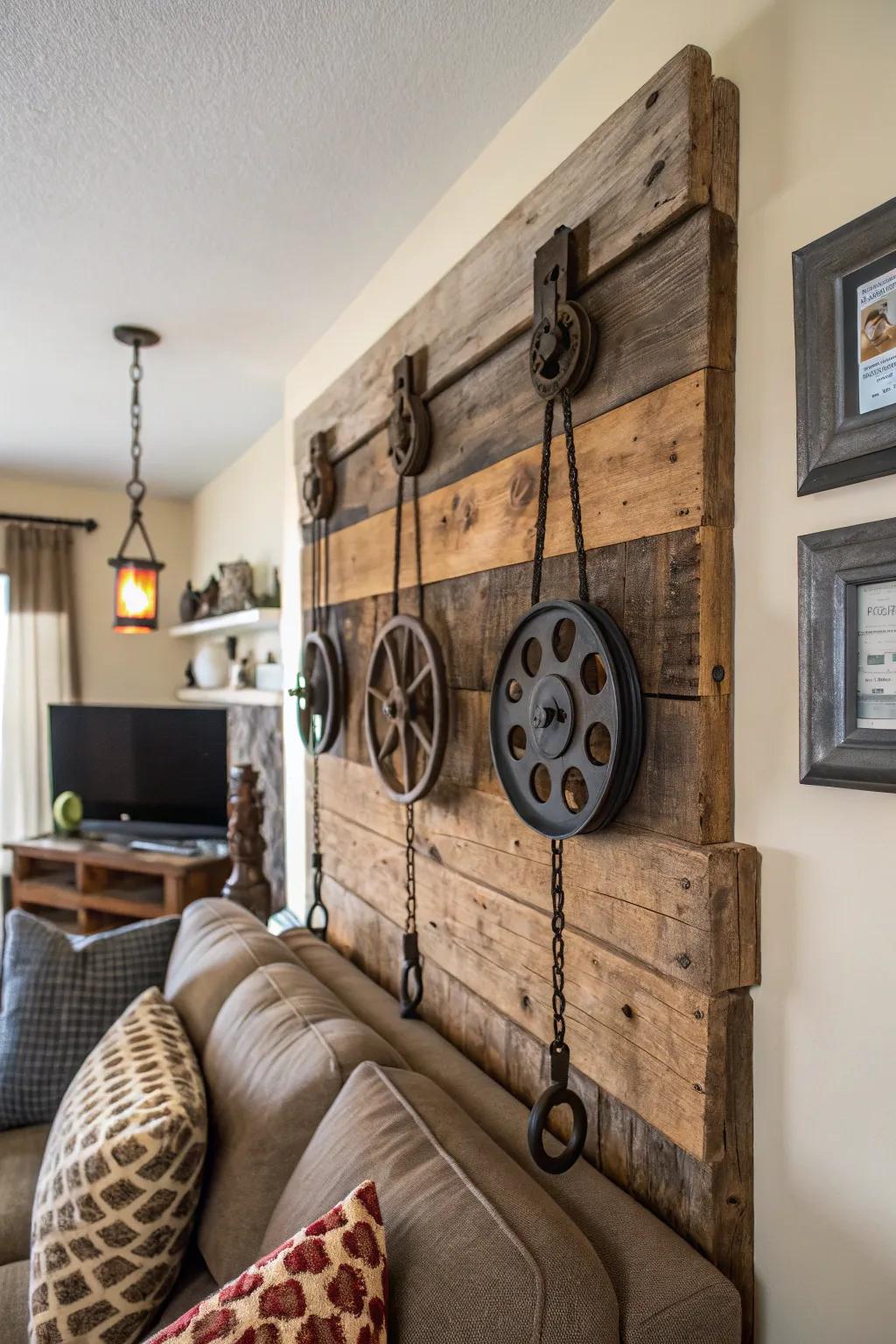 Antique pulleys as eye-catching wall art.