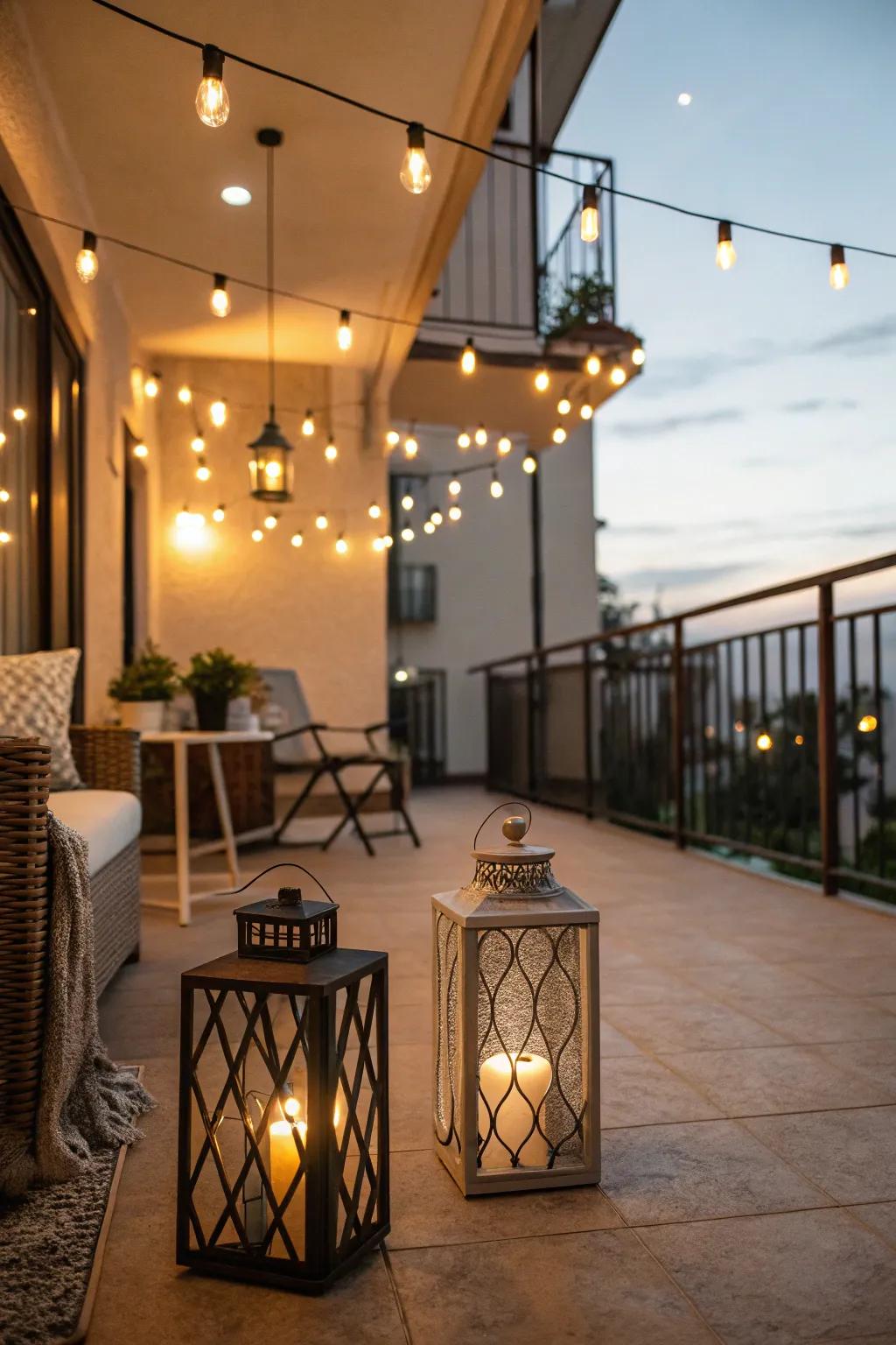 String lights and lanterns create a warm and inviting ambiance.