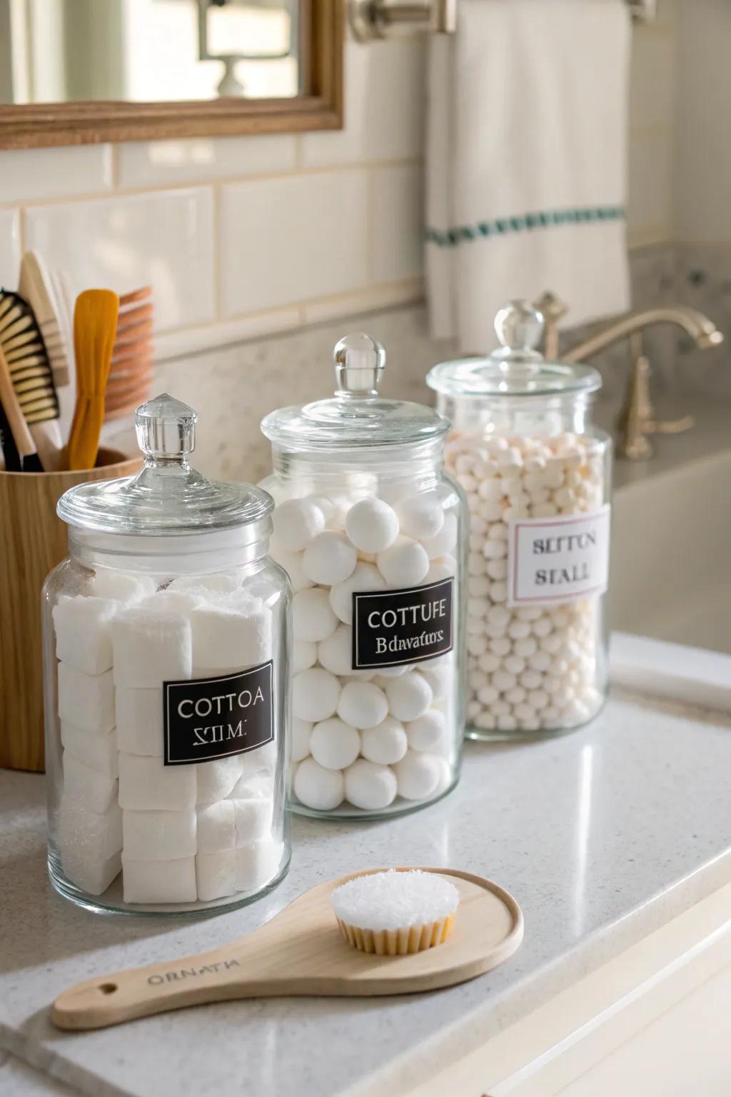 Functional and stylish bathroom storage using apothecary jars.